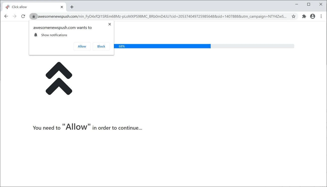 Image: Chrome browser is redirected to Awesomenewspush.com