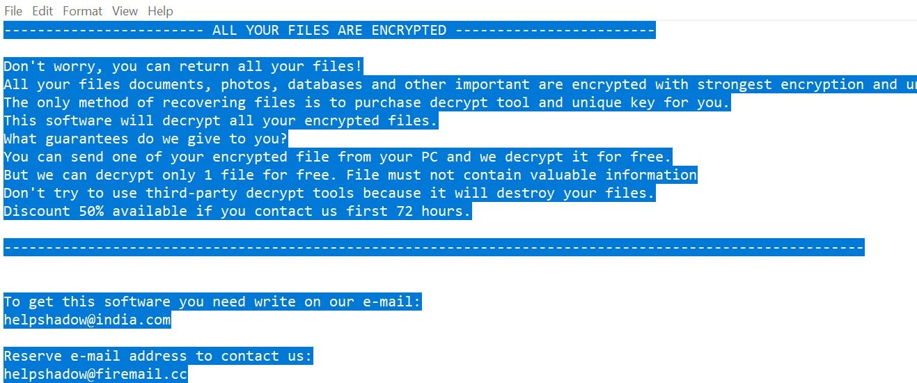 helpshadow@india.com Djvu ransomware Virus