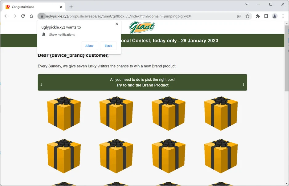 Image: Chrome browser is redirected to Uglypickle.xyz