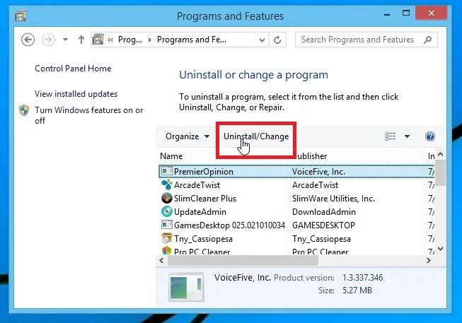 Select the malicious program then click on Uninstall Uninstall malicious programs from Windows 8