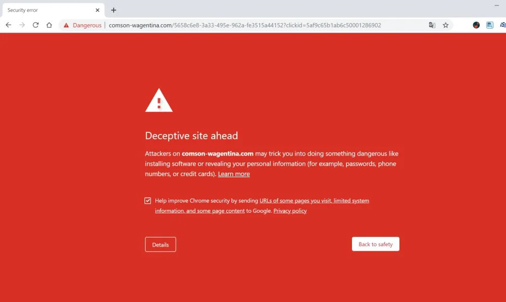 Image: Chrome browser is redirected to Comson-wagentina.com