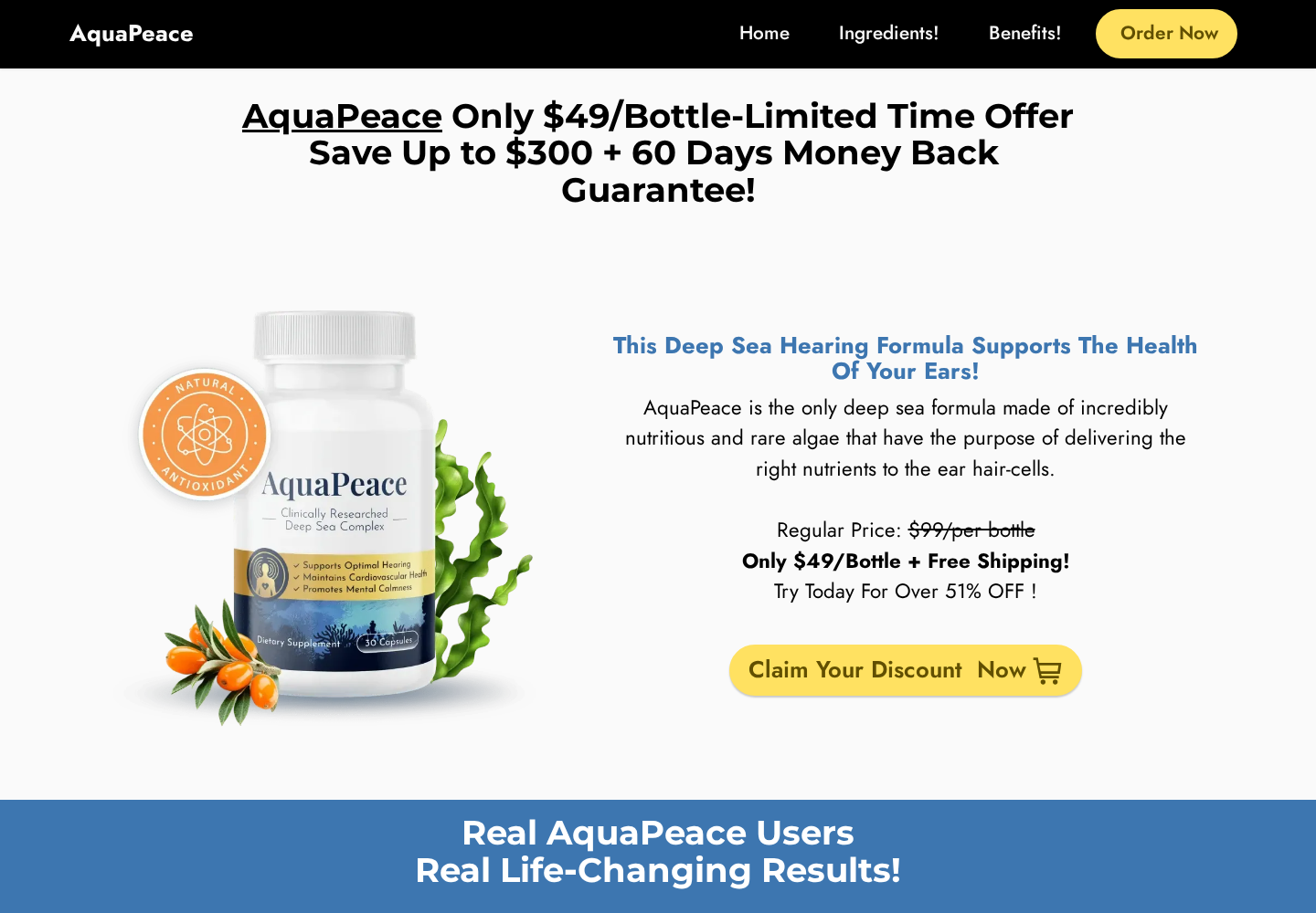 AquaPeace promotional page advertising a deep-sea hearing formula at $49 per bottle with a 60-day money-back guarantee