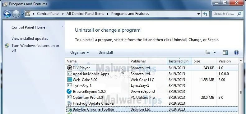 [Image: Uninstall BrowseBeyond program from Windows]