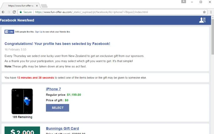Congratulations! Your profile has been selected by Facebook! virus