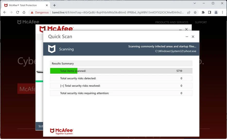 Image: Bared.live Fake McAfee Virus Alert