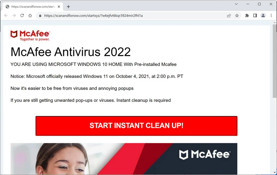 Image: Scanandfixnow.com Fake McAfee Virus Alert