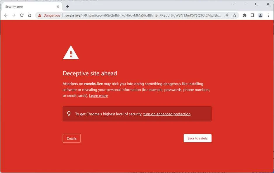 Image: Chrome browser is redirected to Roveks.live