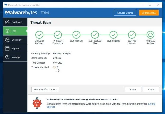 Malwarebytes while performing a scan Malwarebytes scanning for malware
