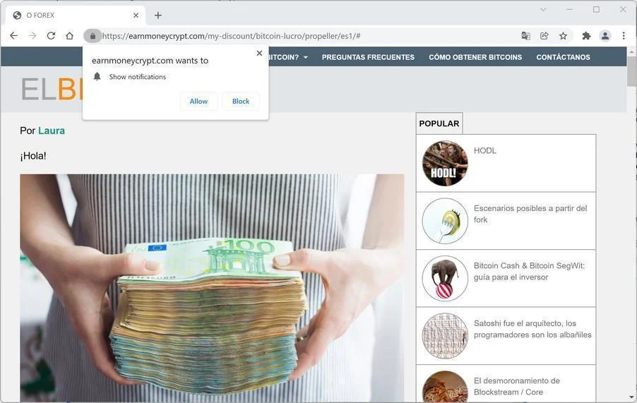 Image: Chrome browser is redirected to Earnmoneycrypt.com