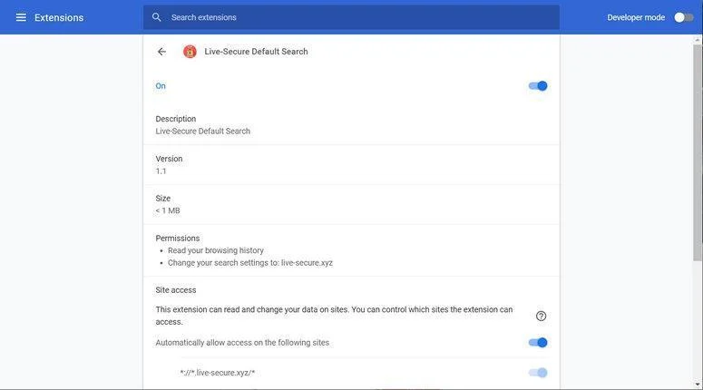Remove Live-Secure Search redirect (Virus Removal Guide) 2 Image: Live-Secure Default Search Chrome extension