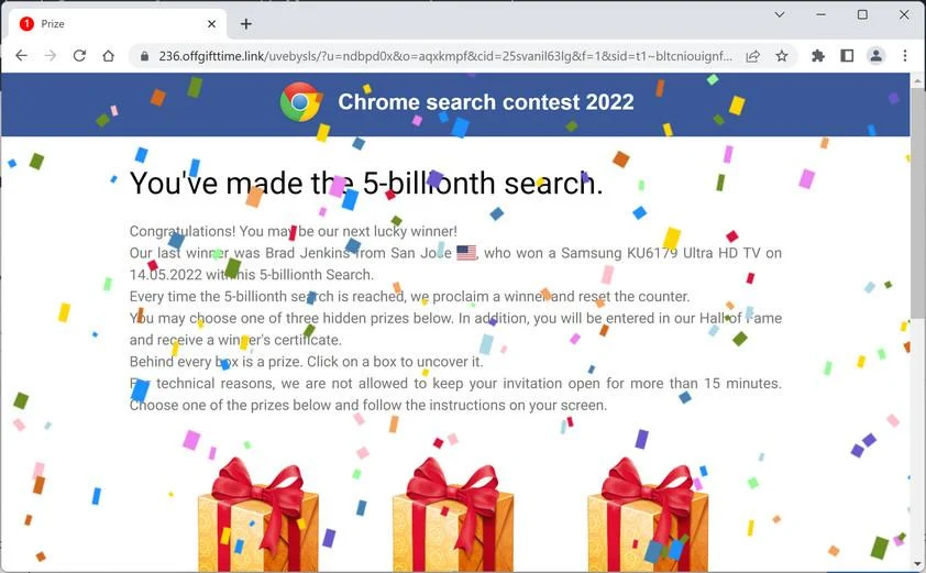 Remove Offgifttime.link Ads (Virus Removal Guide) 1 Image: Chrome browser is redirected to Offgifttime.link