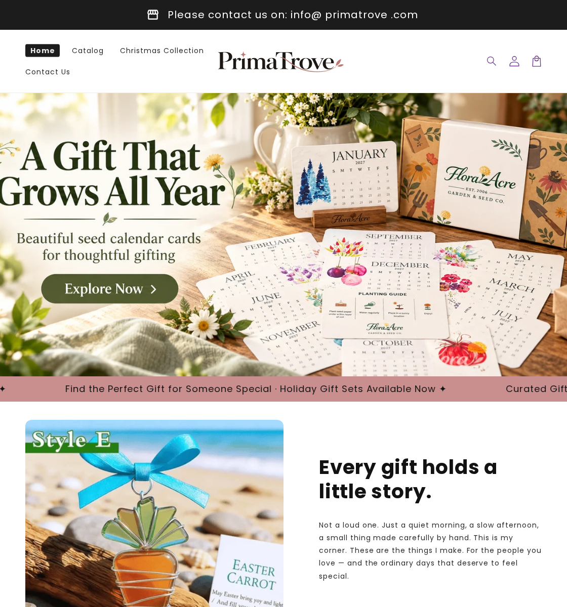 Primatrove EXPOSED: Handmade Claims, Conflicting Stats and Shipping Risks 1 Primatrove gift storefront featuring a seed calendar and handmade-style promotional presentation