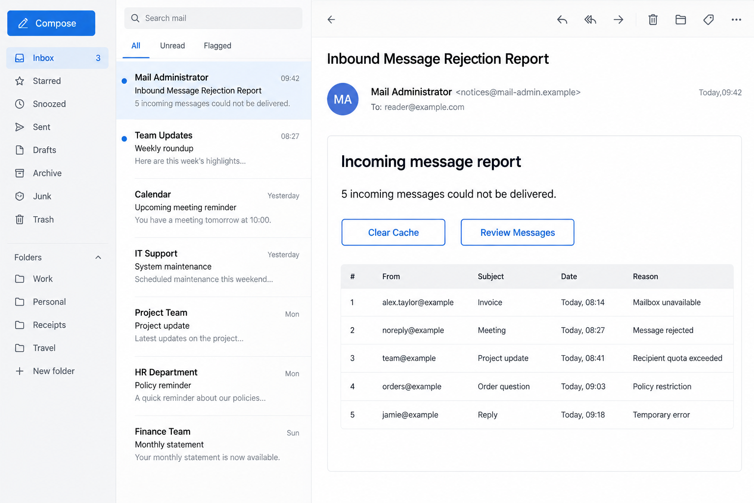 Inbound Message Rejection Report Scam: Fake Cache Fix Steals Email Logins 1 Original illustrative Inbound Message Rejection Report email with fictional addresses and Clear Cache and Review Messages buttons