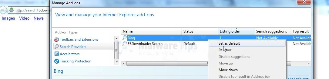 [Image: FBDownloader Search hijack in Internet Explorer]
