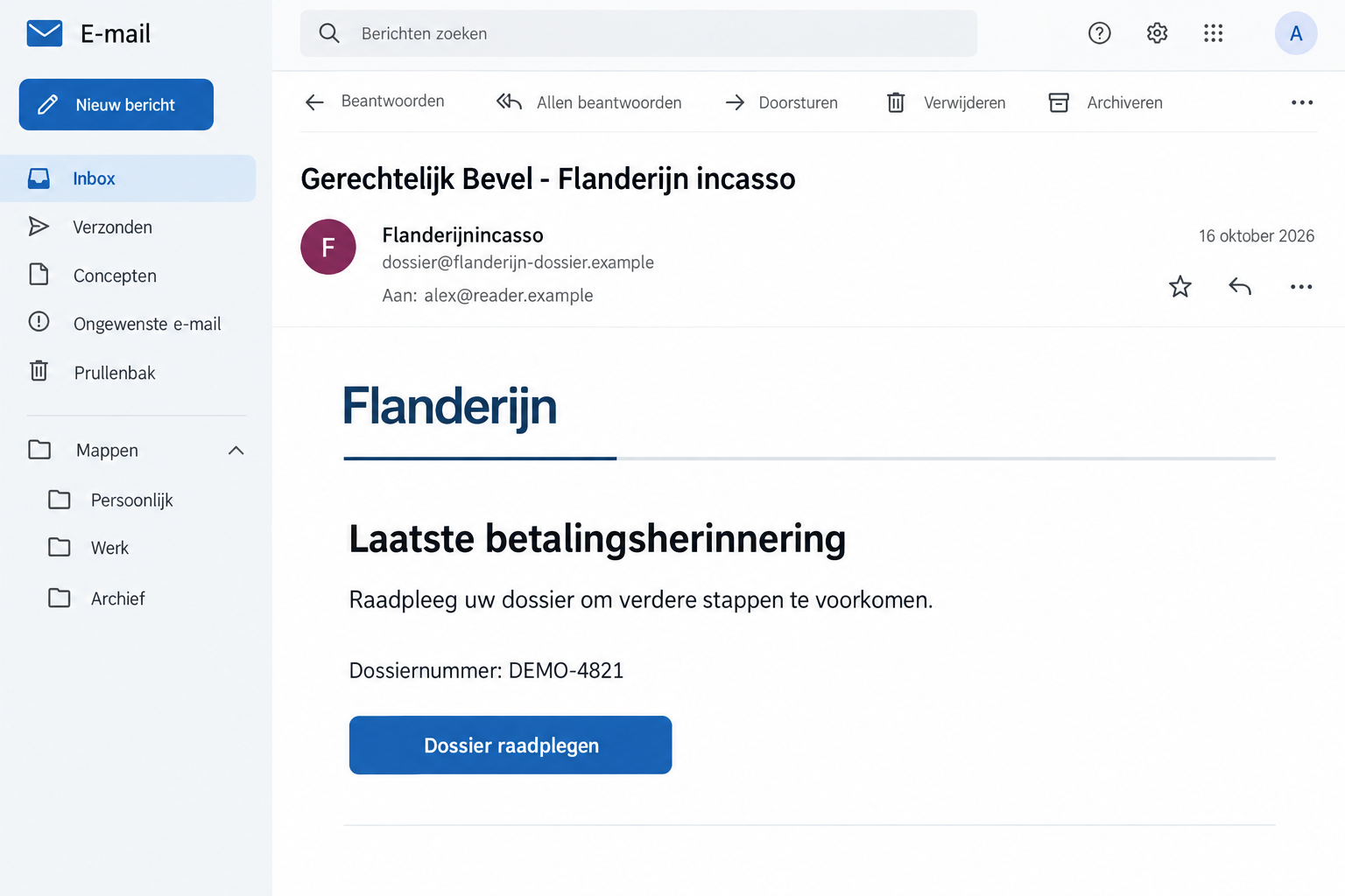 Illustrative false Flanderijn court order email with a fictional debt reference and case-file button