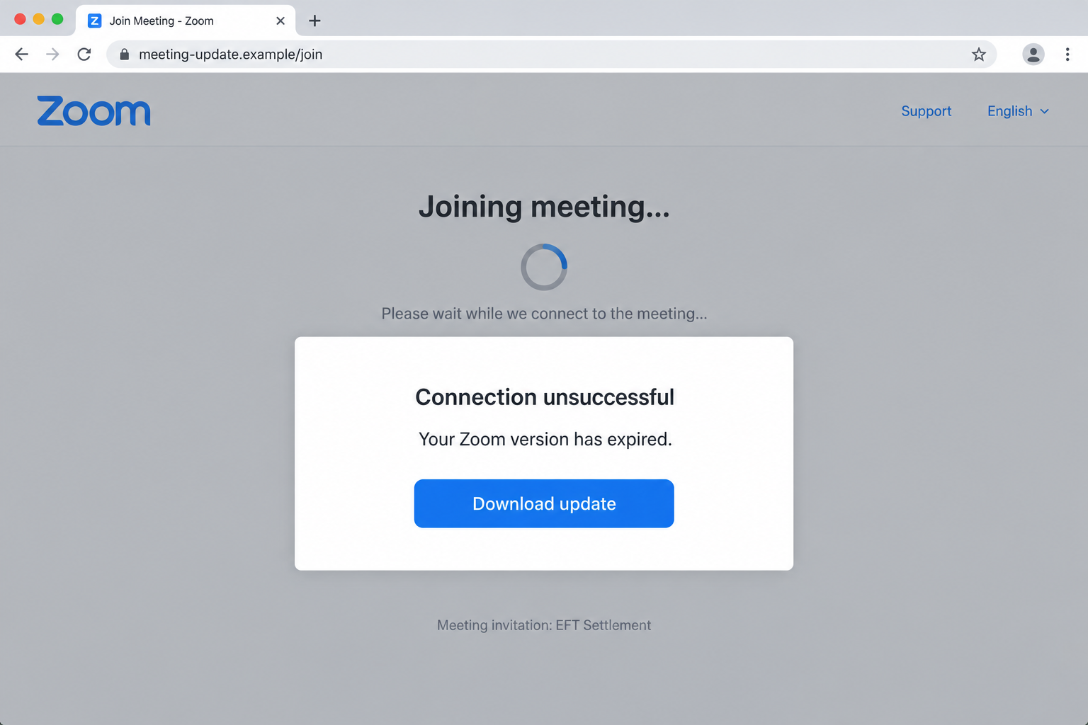 Illustrative fake Zoom joining page displaying an expired-version message and a Download update button