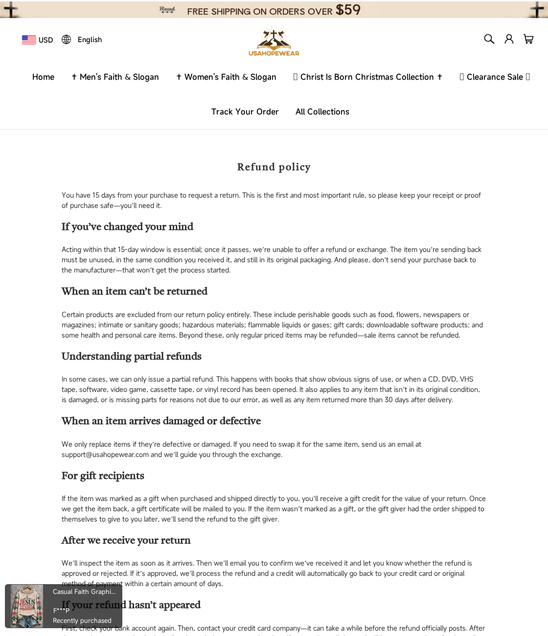 USAHopeWear refund policy stating a purchase-based 15-day period and excluding sale items