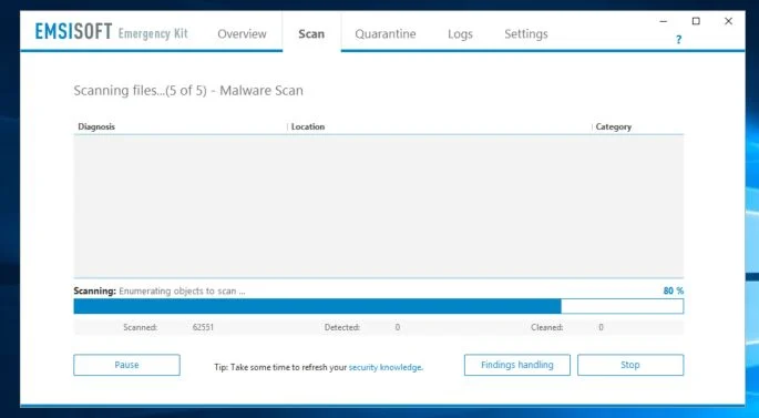 Emsisoft Emergency Kit Scanning for the Trojan:Win32/Mamson.A Trojan
