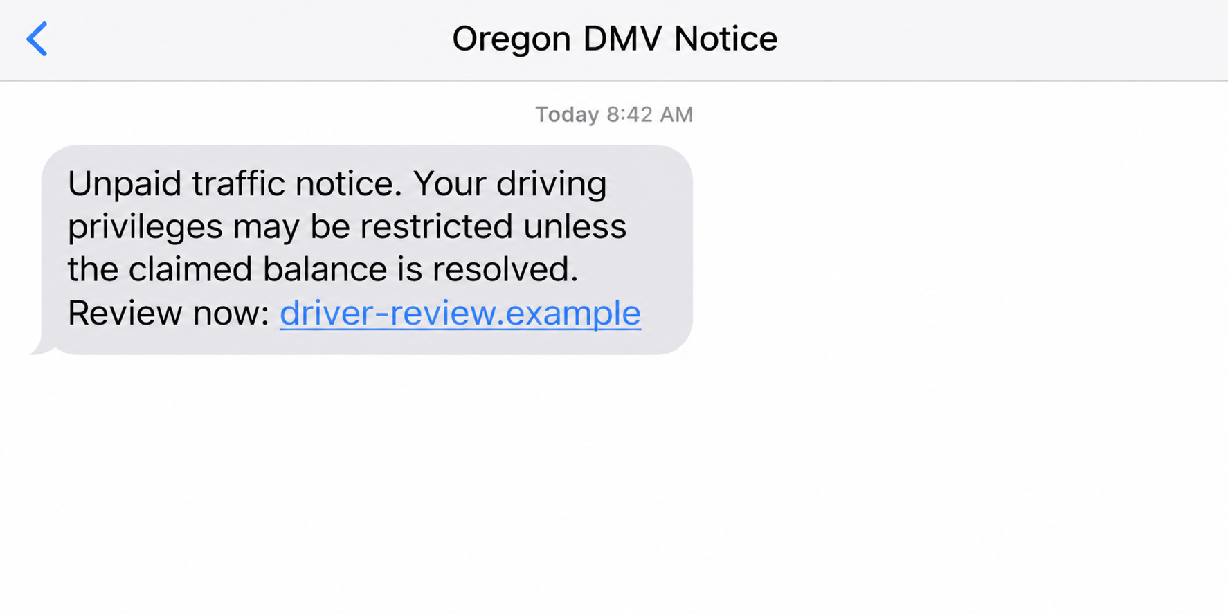 Oregon DMV Text Scam: Fake Ticket Payments and License Suspension Threats 1 Fictional Oregon DMV suspension-warning text with an inactive example-domain link