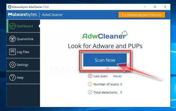 Click on Scan Now to perform a system scan AdwCleaner Scan Now button