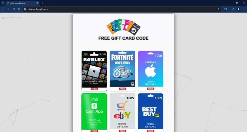 Beware the MrBeastsFreeGifts.shop Fake Gift Card Giveaway Scam 1 Mrbeastsfreegifts.shop scam