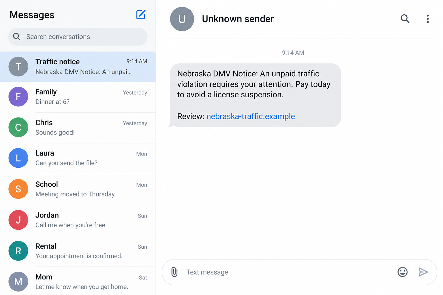 Nebraska DMV Scam Texts: Fake Fines and License Suspension Payment Traps 1 Illustrative Nebraska DMV text demanding a traffic payment through a fictional example domain
