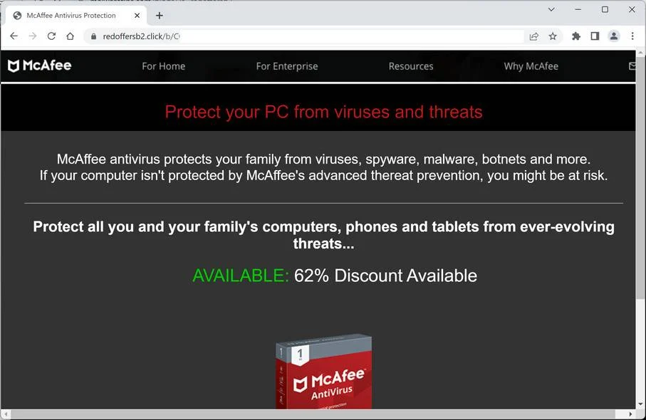 Image: Redoffersb2.click Fake McAfee Virus Alert