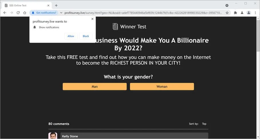 Remove Profitsurvey.live pop-up ads (Virus Removal Guide) 1 Image: Chrome browser is redirected to Profitsurvey.live