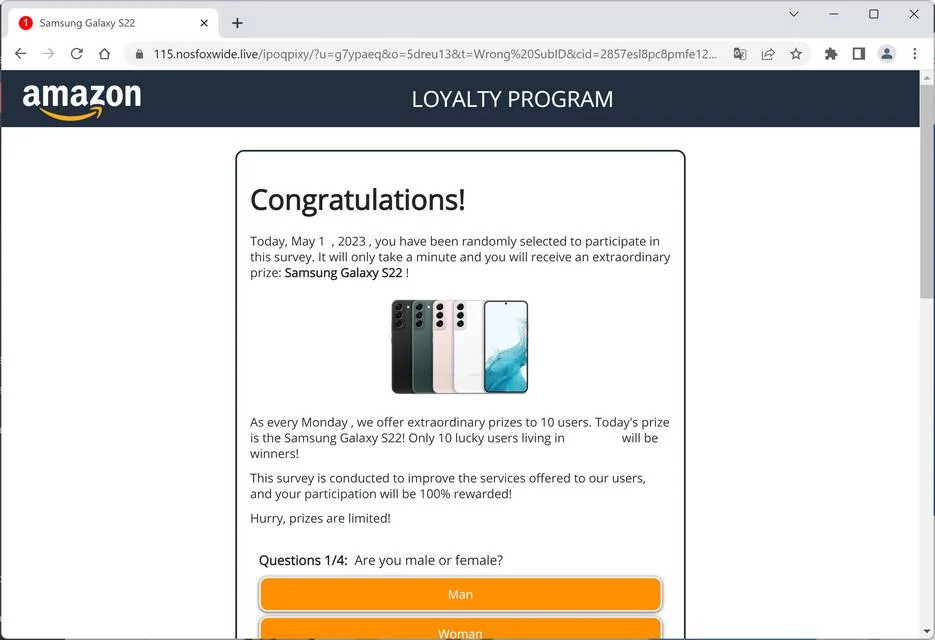 Screenshot of Nosfoxwide.live Fake Survey