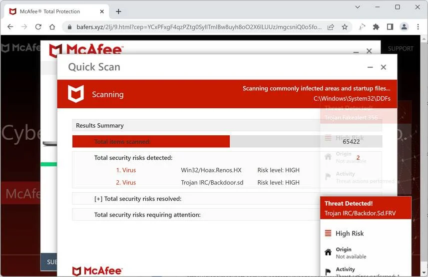 Screenshot of Bafers.xyz Fake Antivirus Scan