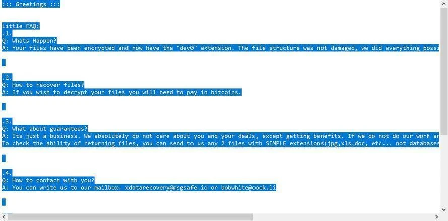 Image: Dev0 ramsoware note virus