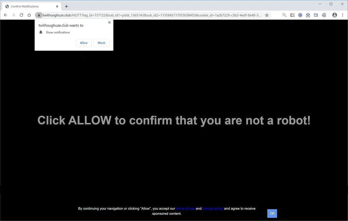 Image: Chrome browser is redirected to Twithoughuze.club