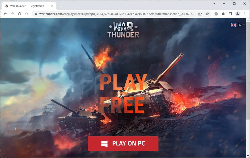 Image: Chrome browser is redirected to WarThunder.com