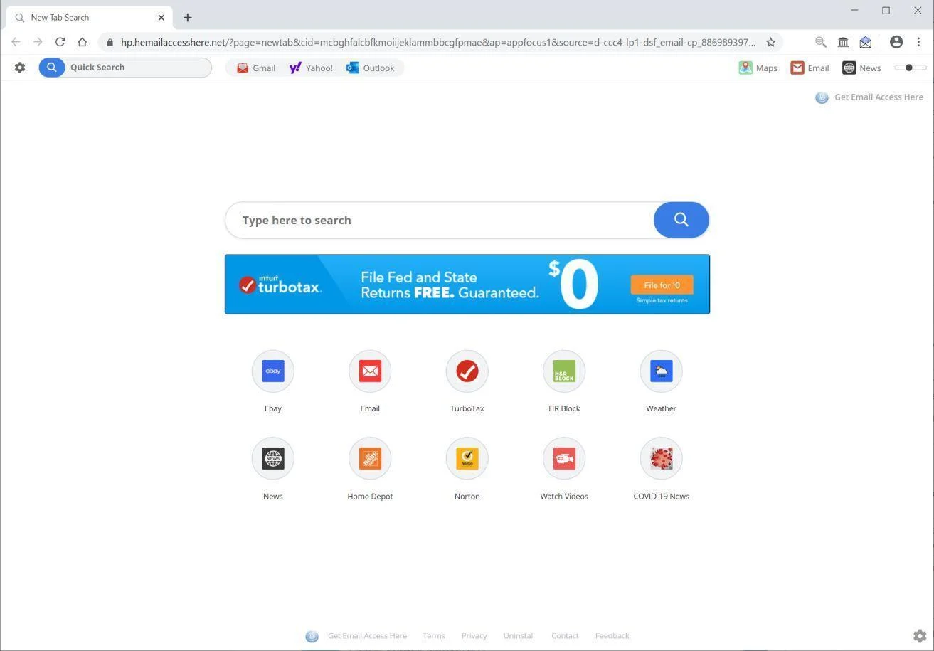 Image: Chrome browser is redirected to Search.hemailaccesshere.net