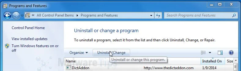 [Image: Uninstall DictAddon program from Windows]