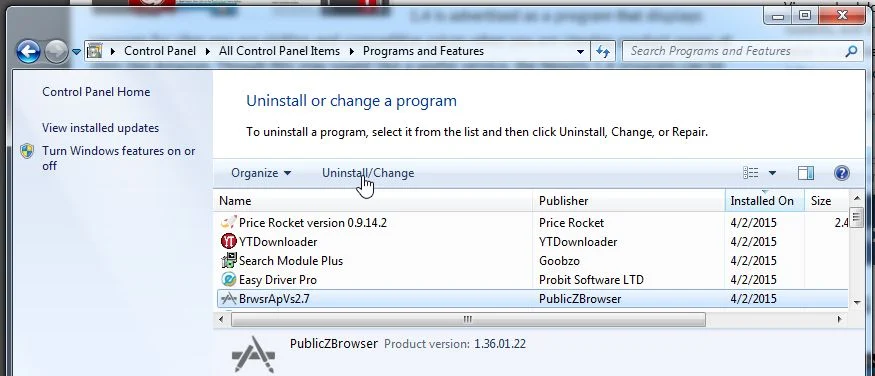 Remove BrwsrApVs2.7 from Windows