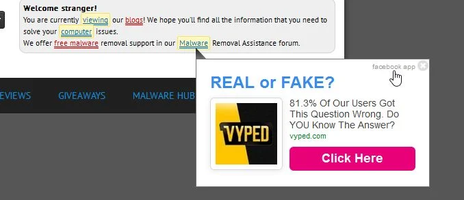 Facebook App pop-up virus