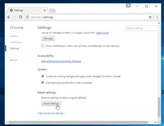 Click on Reset browser button Google Chrome Reset button