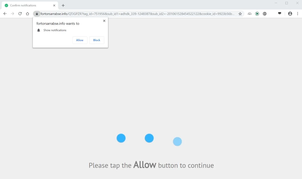Image: Chrome browser is redirected to the Fortorsarrabse.info site