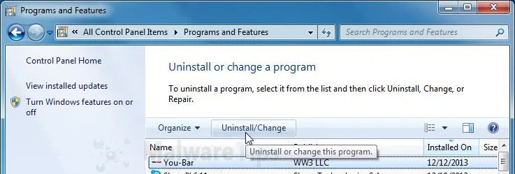 [Image: Uninstall You-Bar malicious program from Windows]