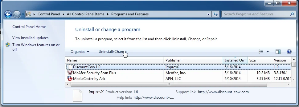 Uninstall Discount Cow from Windows Uninstall Discount Cow