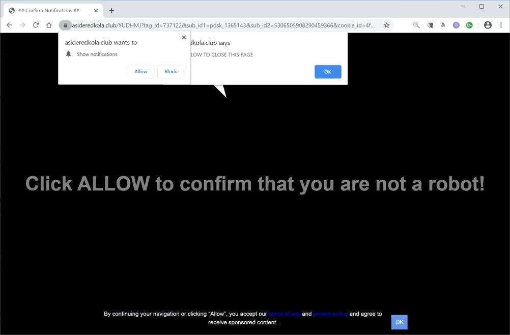 Remove Asideredkola.club pop-up ads (Virus Removal Guide) 1 Image: Chrome browser is redirected to Asideredkola.club