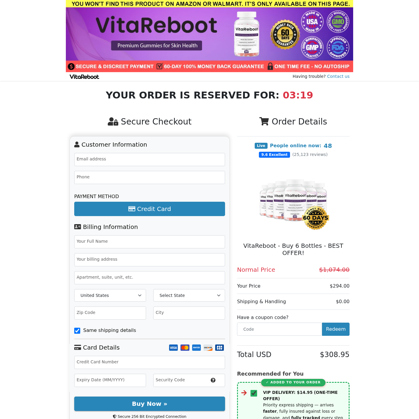 Original VitaReboot checkout showing a $294 six-bottle package, a selected $14.95 VIP delivery addition, and a $308.95 total