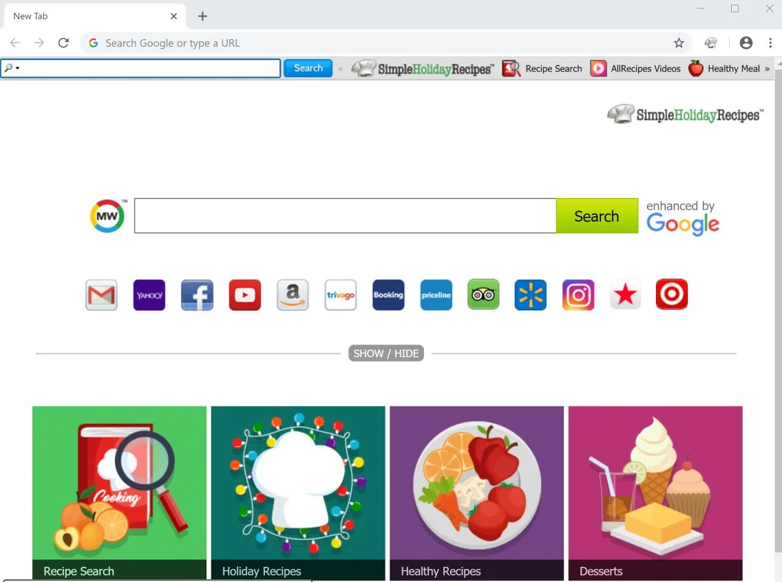 How To Remove SimpleHolidayRecipes New Tab (Uninstall Guide) 1 Redirect to SimpleHolidayRecipes toolbar