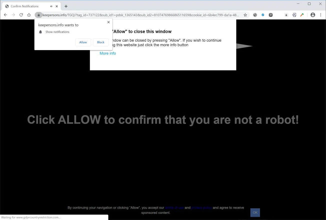 Image: Chrome browser is redirected to Keepersons.info