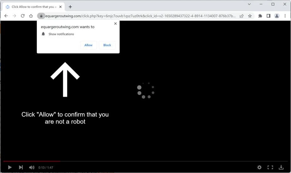 Image: Chrome browser is redirected to Equargeroutwing.com