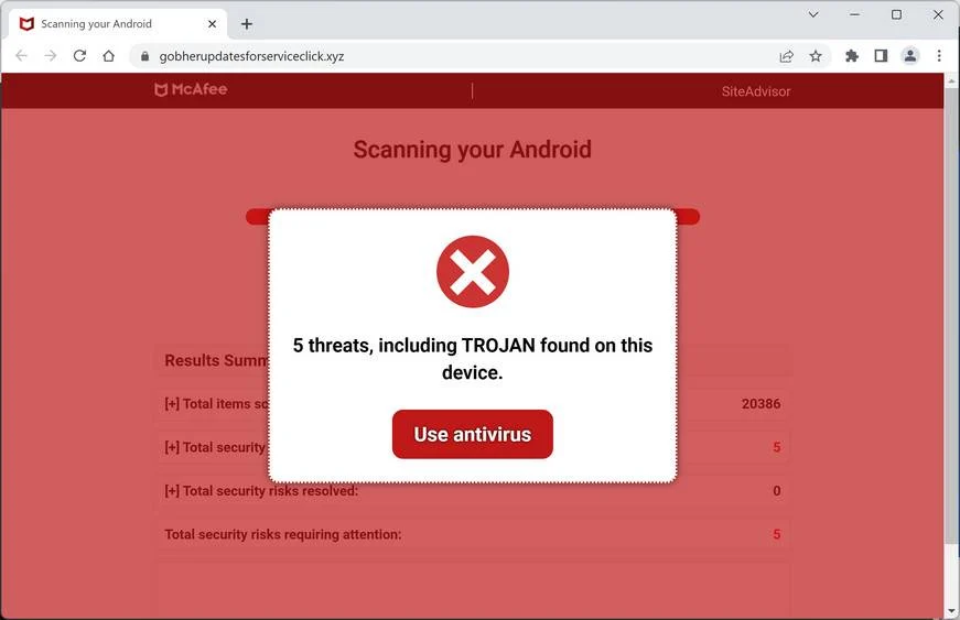 Gobherupdatesforserviceclick.xyz Virus Removal Guide 1 Image: Gobherupdatesforserviceclick.xyz Fake McAfee Virus Alert