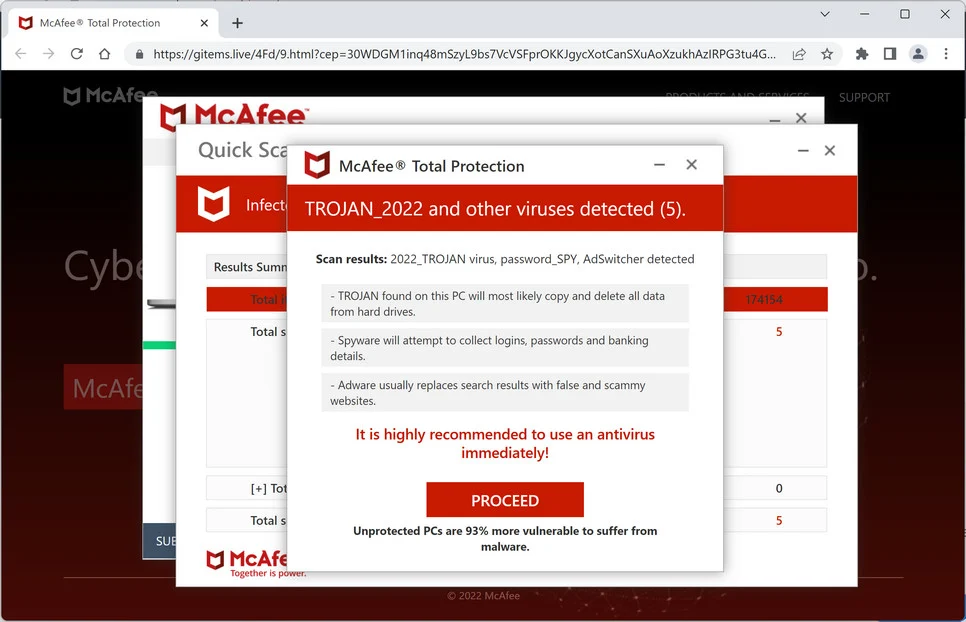 Image: Gitems.live Fake McAfee Virus Alert
