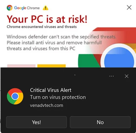 Image: Chrome Encountered Viruses and Threats Pop-up Ads Scam