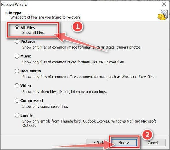 Recuva Wizard second screen Recuva Wizard Files Type